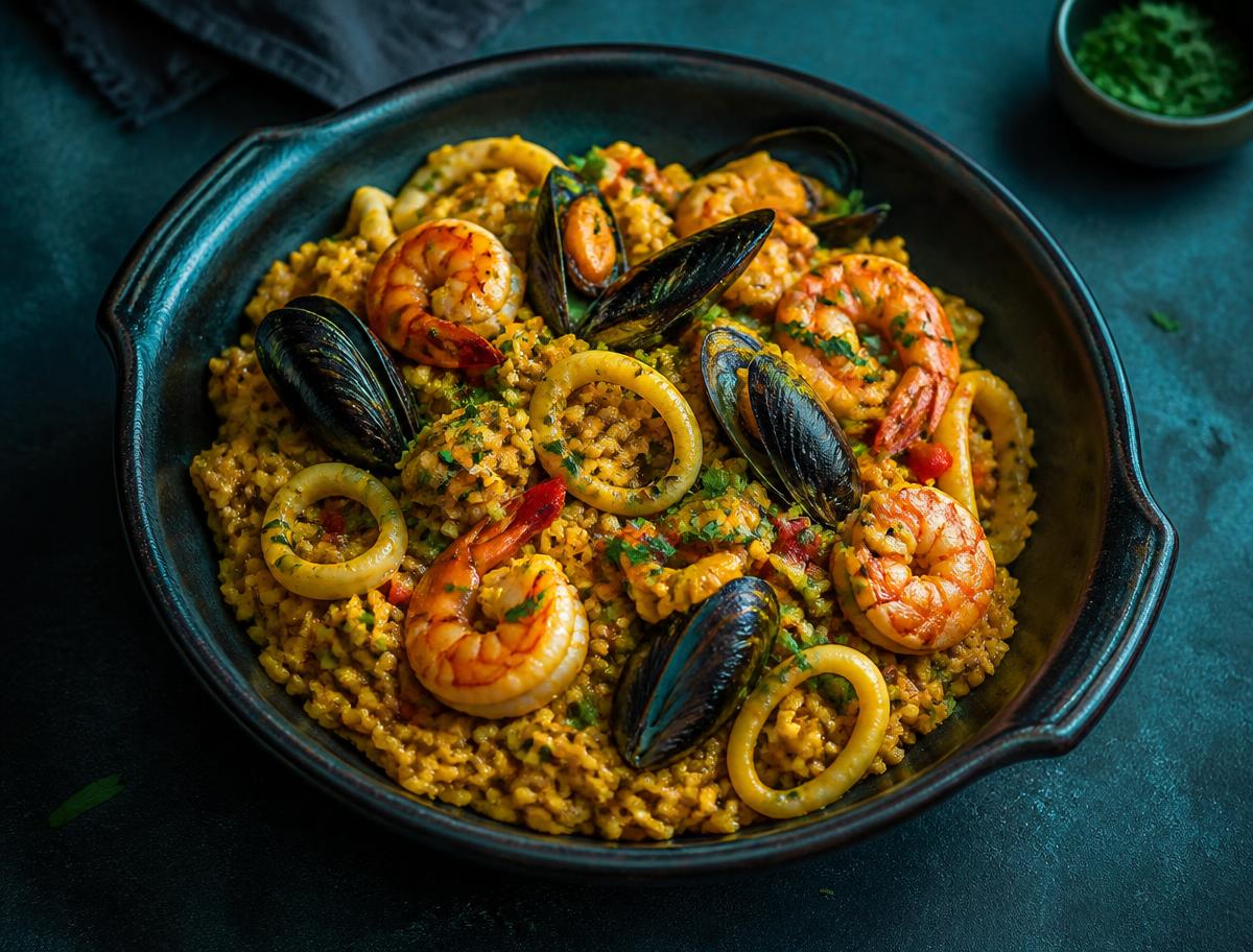 Arroz con Mariscos — Fondo de mariscos, culantro, conchas, langostinos y calamar.