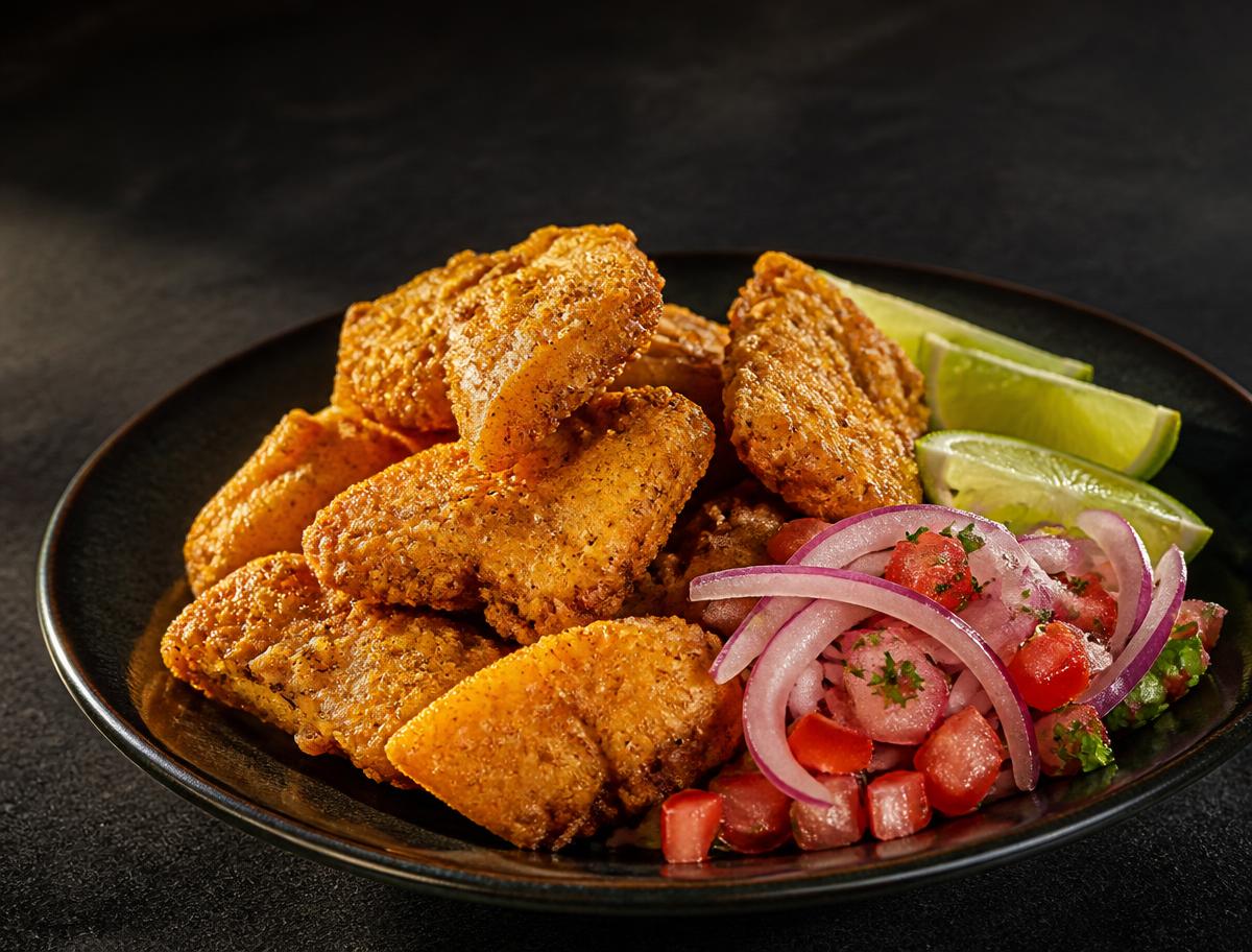 Chicharrón de Pescado — Pesca del día crocante, salsa criolla y mayonesa de limón.