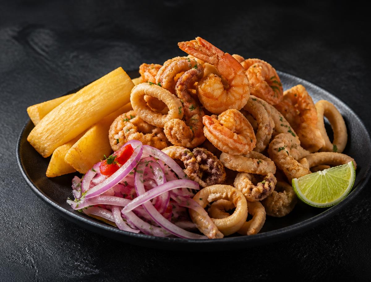 Jalea Marina — Mariscos y pescado crocante, yuca dorada y salsa criolla.